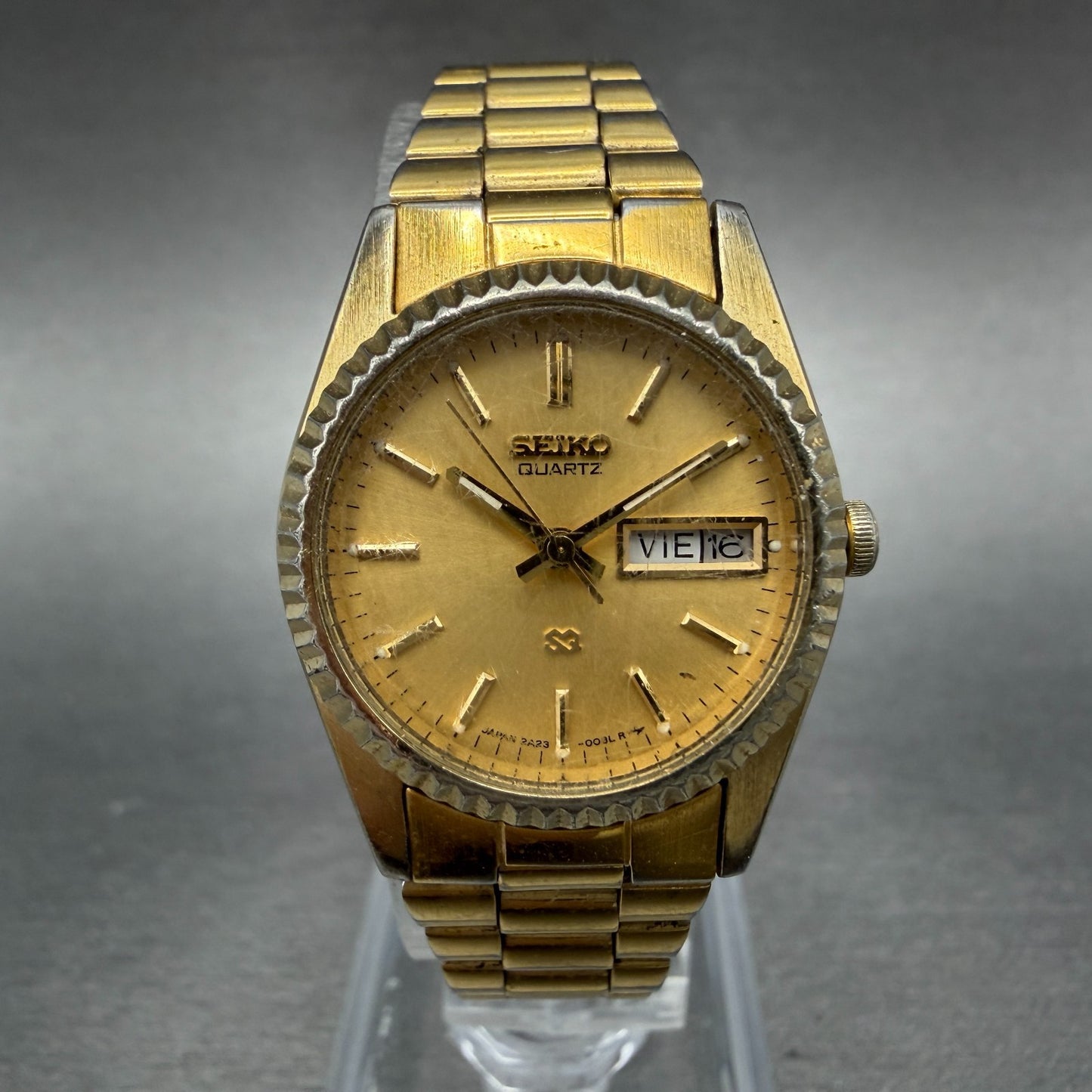 Seiko SQ Watch Women 24mm Champagne Dial Gold Tone Daydate 2a23-0030 READ NewBat0