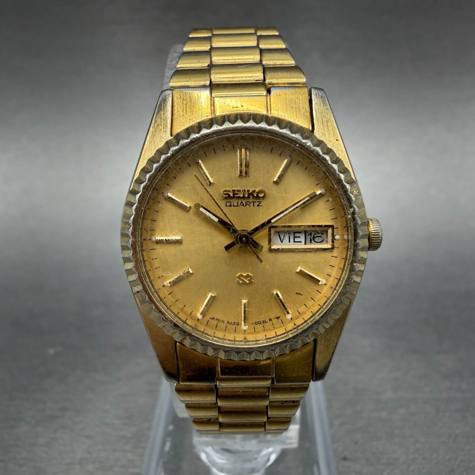 Seiko SQ Watch Women 24mm Champagne Dial Gold Tone Daydate 2a23-0030 READ NewBat0