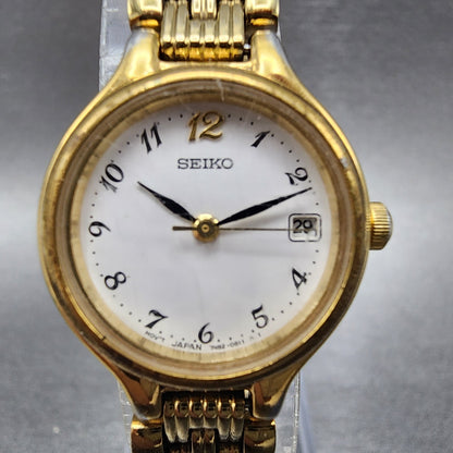 Seiko Watch Women 23mm White Dial Gold Tone Date Round 7N820228 New Battery B120