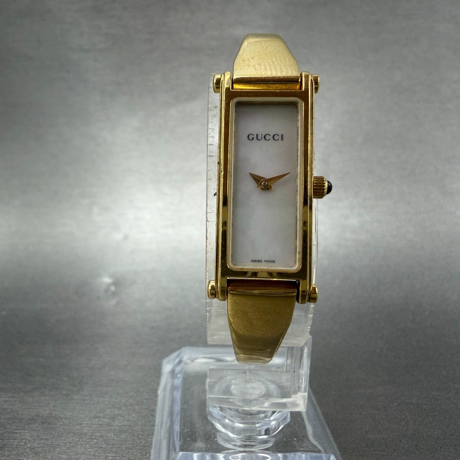 Gucci 1500L Tank Watch Women 12mm MOP Dial Gold Rectangle Bangle New battery ABC5