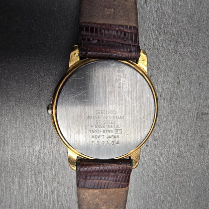 Seiko Watch Men 33mm Ivory Dial Gold Tone Round 7N01-6799 New Battery Vintage10