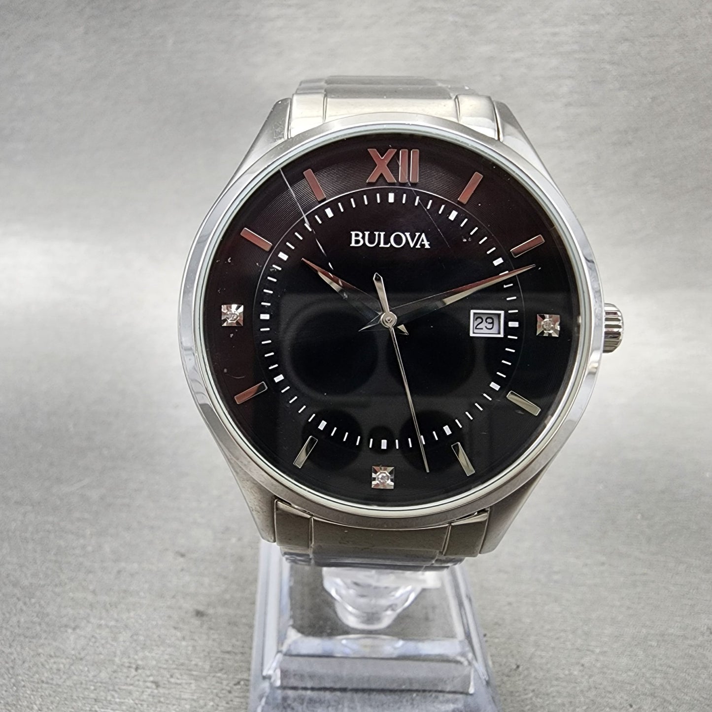 Bulova Watch Men 40mm Black Dial Steel Date Diamonds Round 96D142 New Battery0