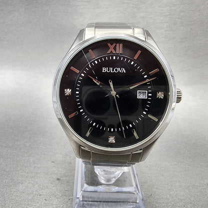 Bulova Watch Men 40mm Black Dial Steel Date Diamonds Round 96D142 New Battery0