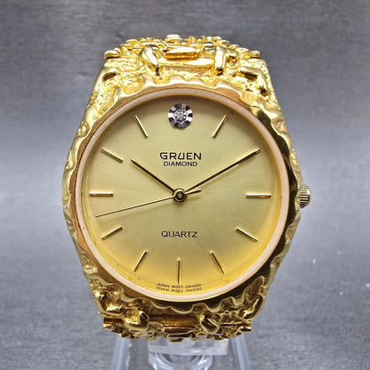Gruen Watch Men 33mm Gold Dial Gold Nugget Case Tone New Battery Vintage0