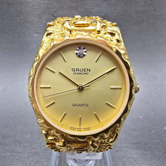 Gruen Watch Men 33mm Gold Dial Gold Nugget Case Tone New Battery Vintage0