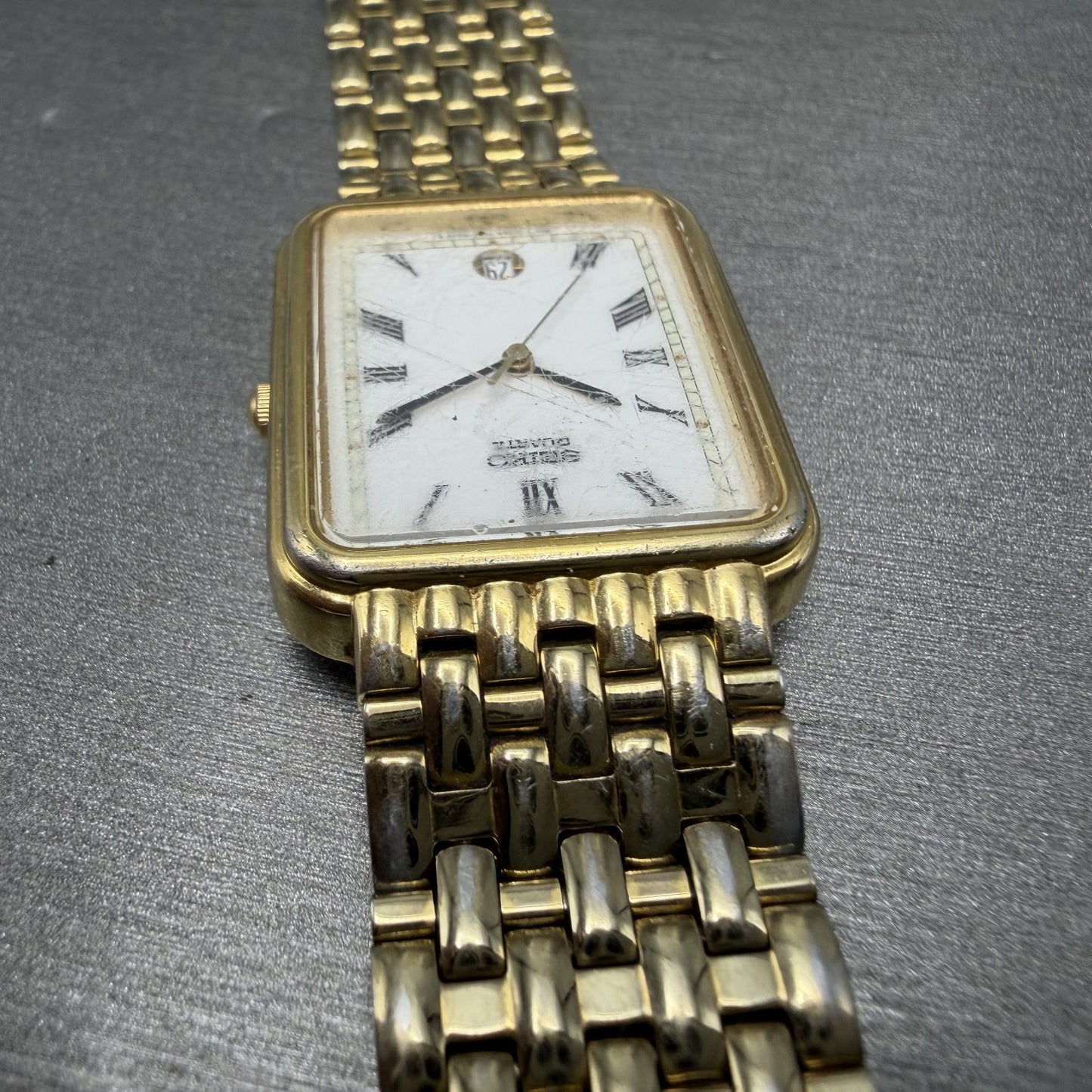 Seiko Tank Watch Men 26mm White Dial Gold Tone Date 7N225A10 New Battery READ!!4