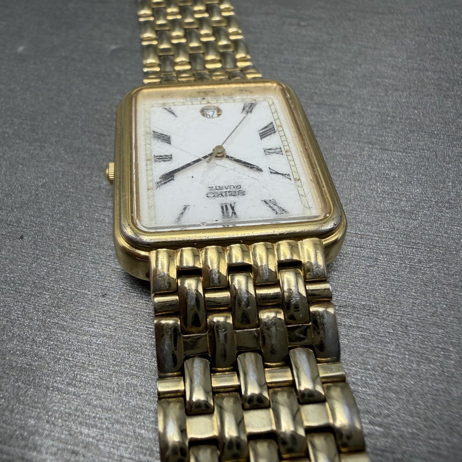 Seiko Tank Watch Men 26mm White Dial Gold Tone Date 7N225A10 New Battery READ!!4
