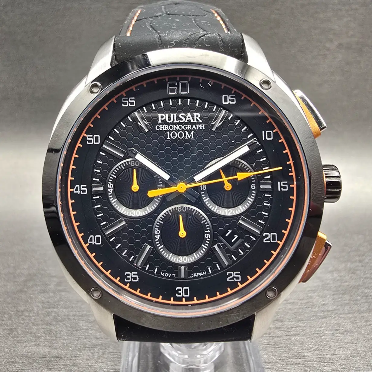 Pulsar Chronograph Watch Men 46mm Black Dial Silver Tone Date VD53-X112 New Batt0