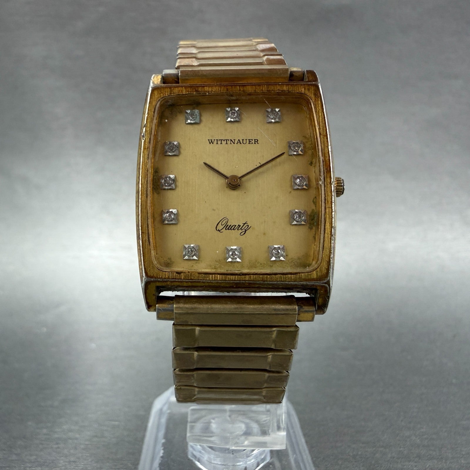 Wittnauer Tank Watch Men 27mm Gold Dial Gold Tone Rectangle Diamond Marker PARTS6