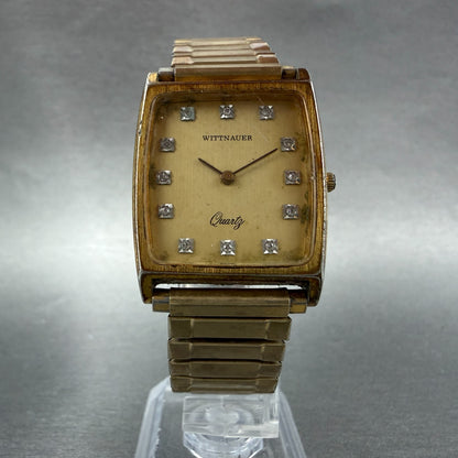 Wittnauer Tank Watch Men 27mm Gold Dial Gold Tone Rectangle Diamond Marker PARTS6