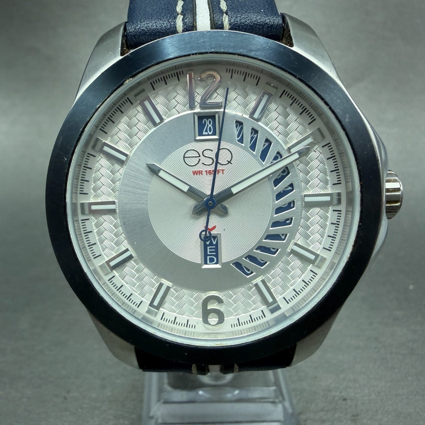 ESQ Watch Men 45mm White Dial Silver Tone Daydate Round ESQ091 New battery0