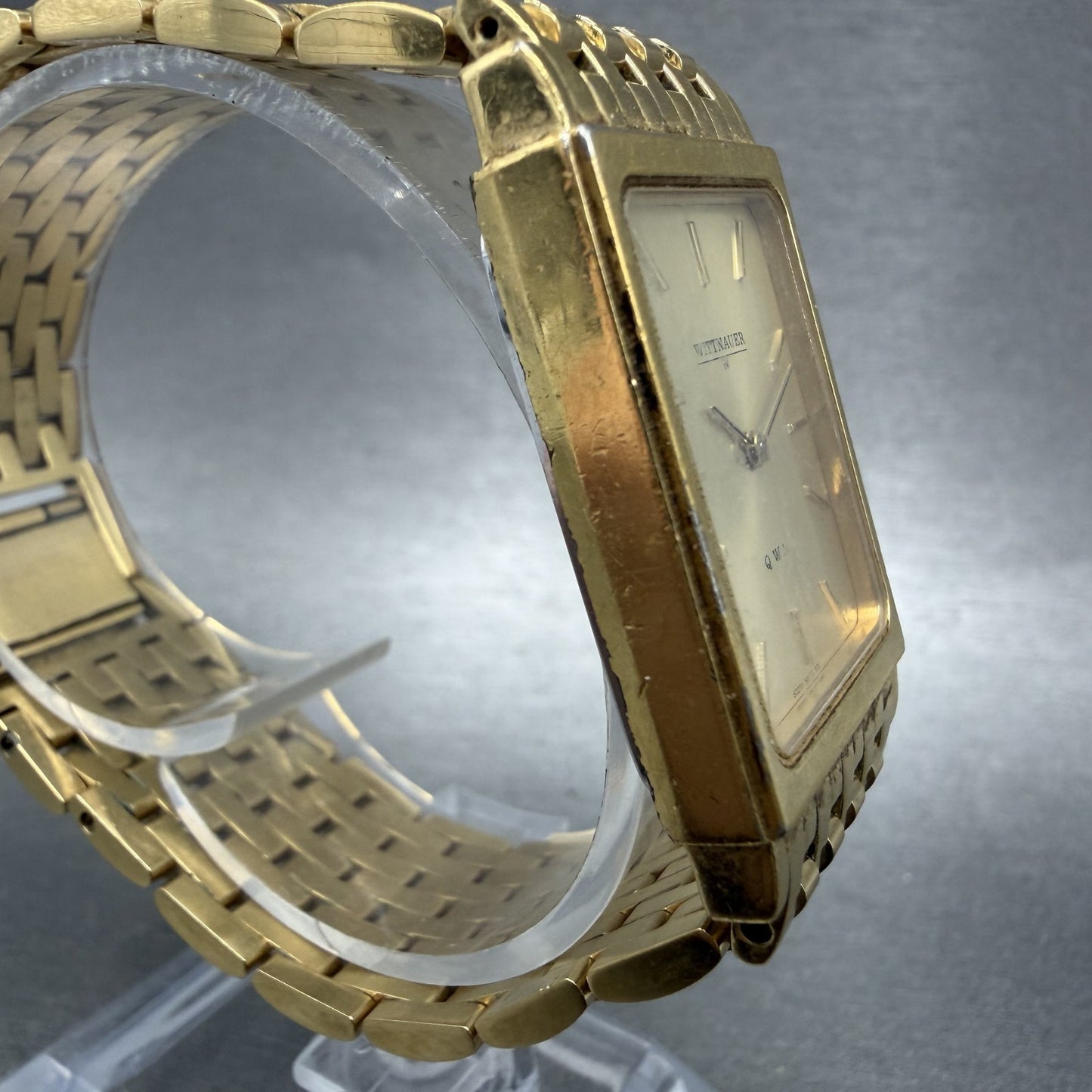 Wittnauer QWR Tank Watch Men 23mm Gold Dial Gold Tone Rectangle New Battery ABC3