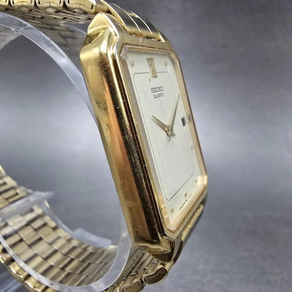 Seiko Tank Watch Men 26mm Cream Dial Gold Tone Date Rectangle 5Y39-5A60 PARTS4