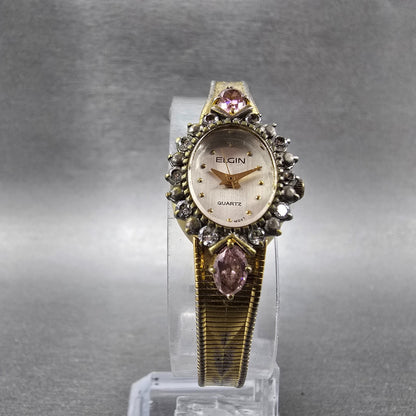 Elgin Watch Women 16mm Silver Dial Gold Tone Oval Crystal Accents New Battery5