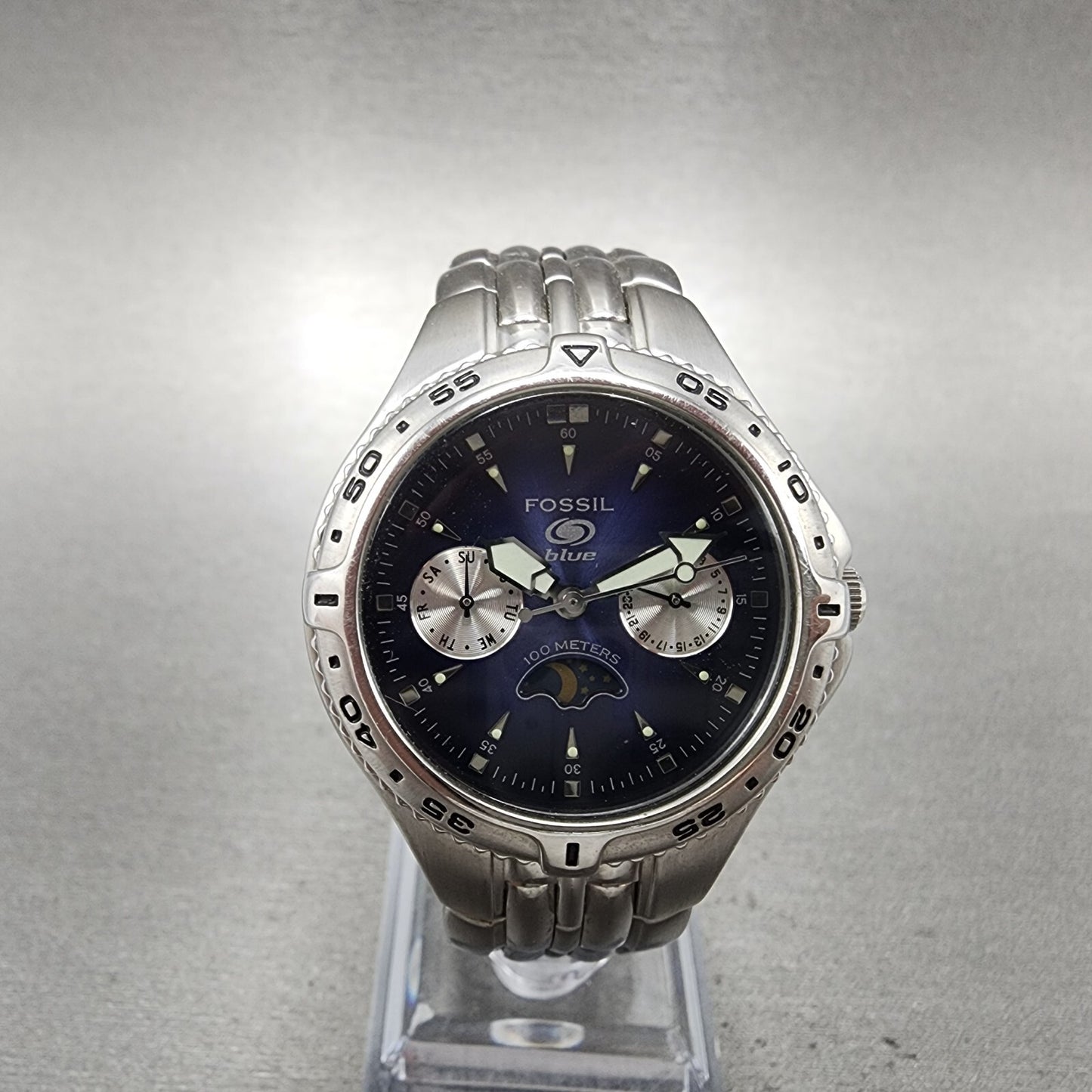 Fossil Dive Watch Women 35mm Blue Dial Steel Daydate Sun Moon Round New Battery0