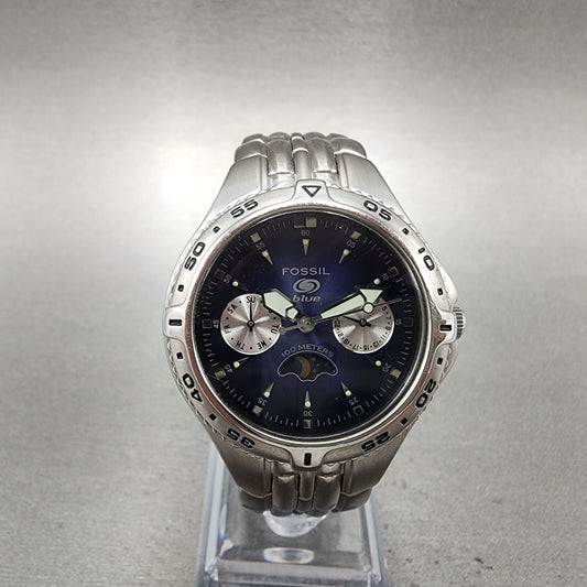 Fossil Dive Watch Women 35mm Blue Dial Steel Daydate Sun Moon Round New Battery0