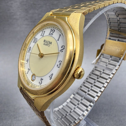 Bulova Watch Men 32mm White Dial Gold Tone Date Round 92B72 New Batt NOS5