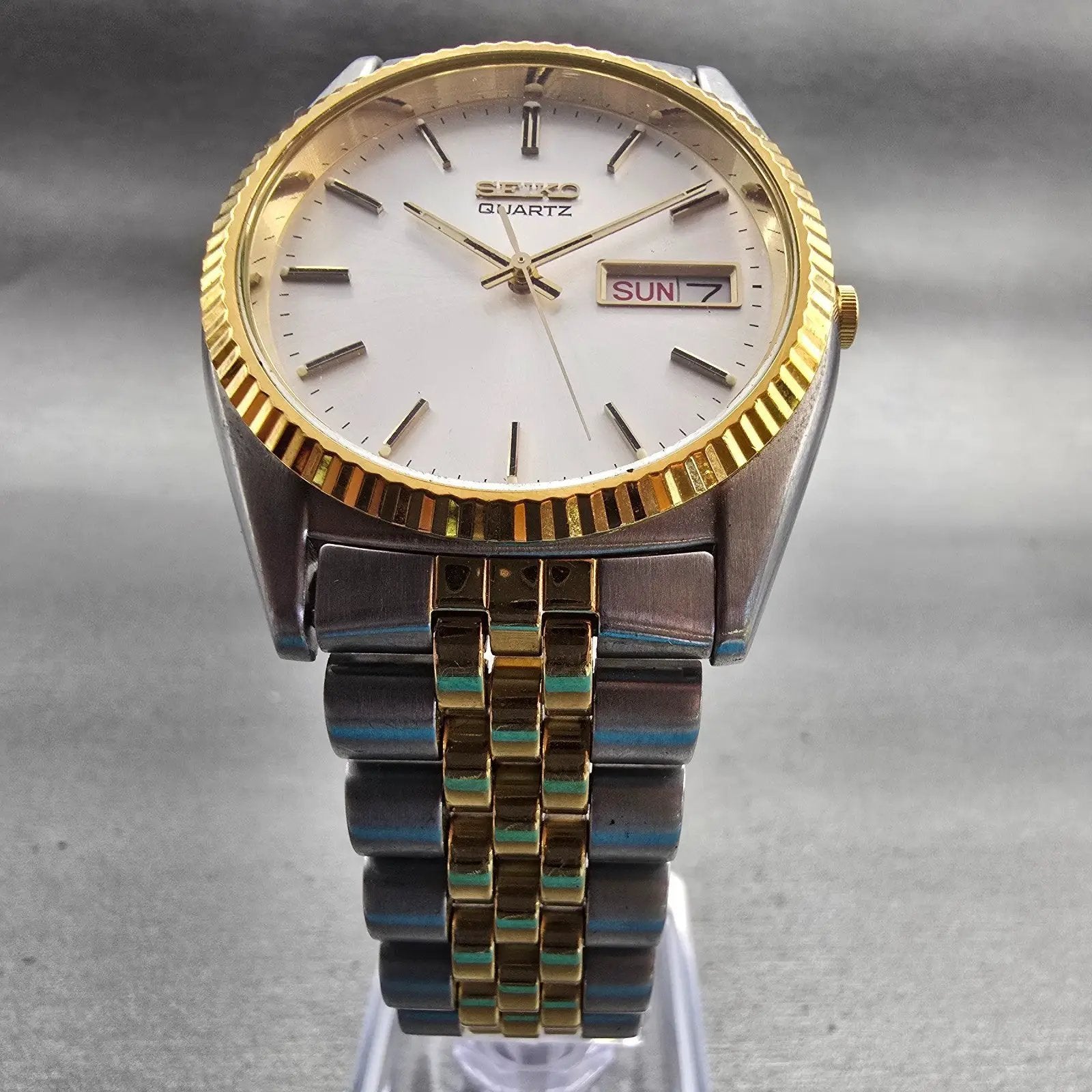 Seiko President Watch Men 35mm Silver Dial Two Tone Daydate 7N43-8111 New Batt5