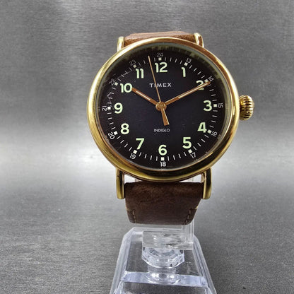 Timex Watch Men 40mm Blue Dial Gold Tone Leather TW2T20000 Indiglo New Battery6
