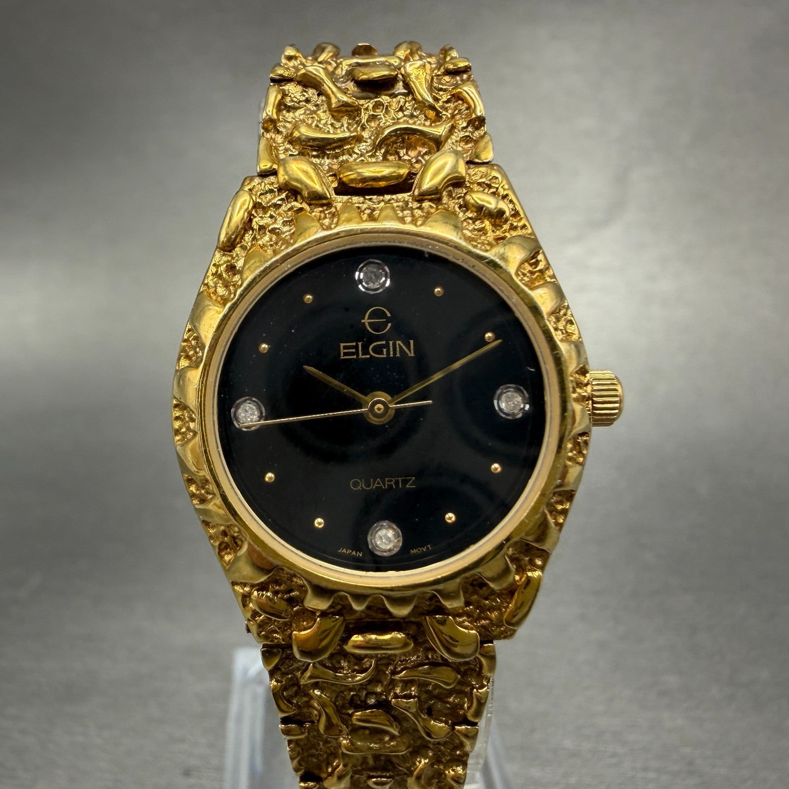 Elgin Watch Women 26mm Black Dial Gold Nugget Case Tone New Battery VTG KLJ0