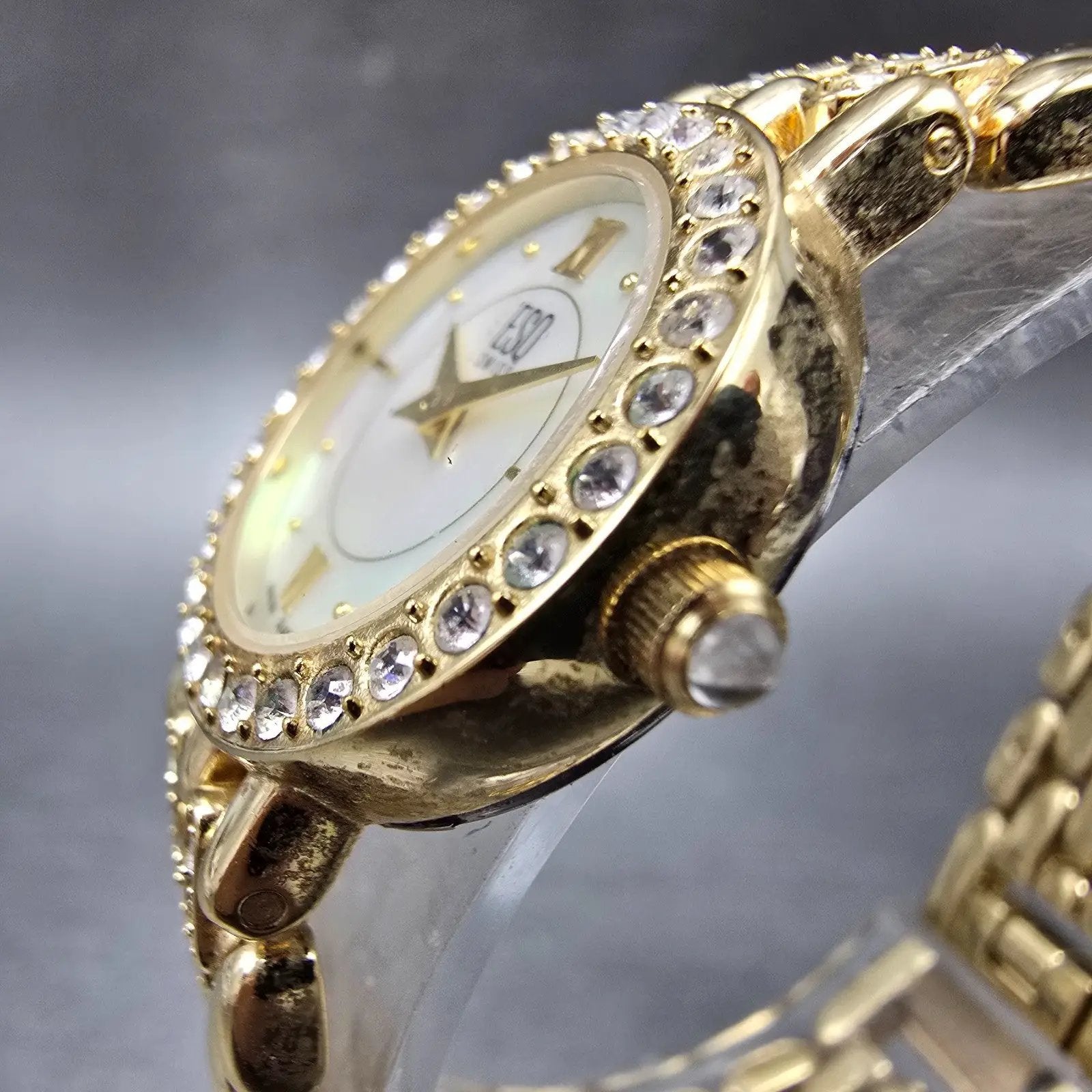 ESQ Watch Women 22mm MOP Dial Gold Tone Round Gem Accents E5160 New Battery2