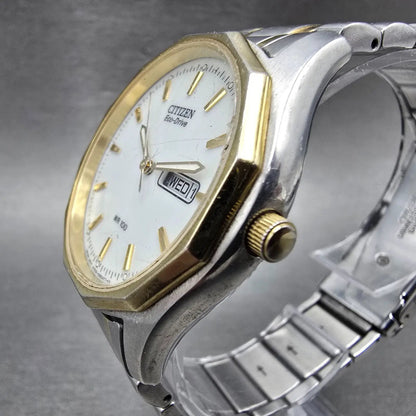 Citizen Eco-Drive Watch Men 37mm White Dial Two Tone Dayedate E101-S053439 Runs2