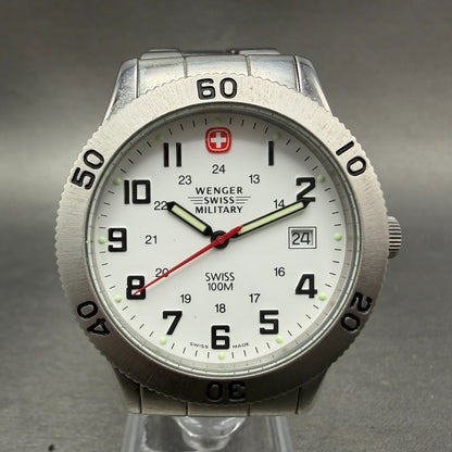 Wenger Swiss Military Dive Watch Men 39mm White Dial Steel Date Round New Batt0