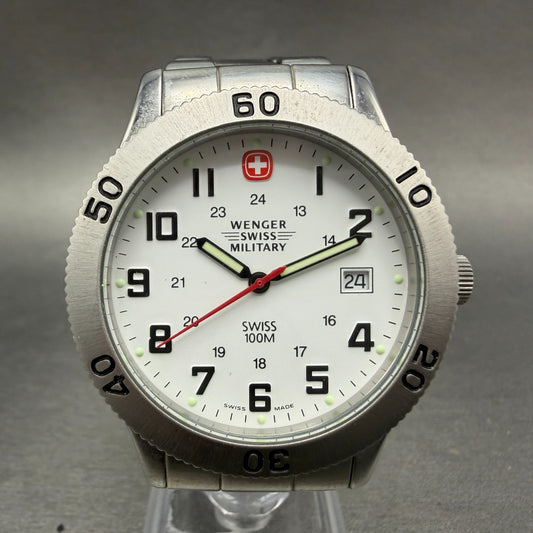Wenger Swiss Military Dive Watch Men 39mm White Dial Steel Date Round New Batt0