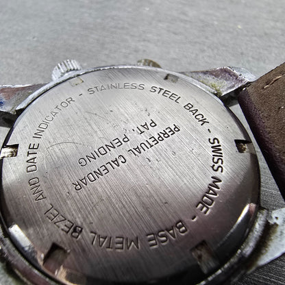 Endura Perpetual Calendar Watch Men 38mm Black Dial Silver Tone Manual Wind PART10