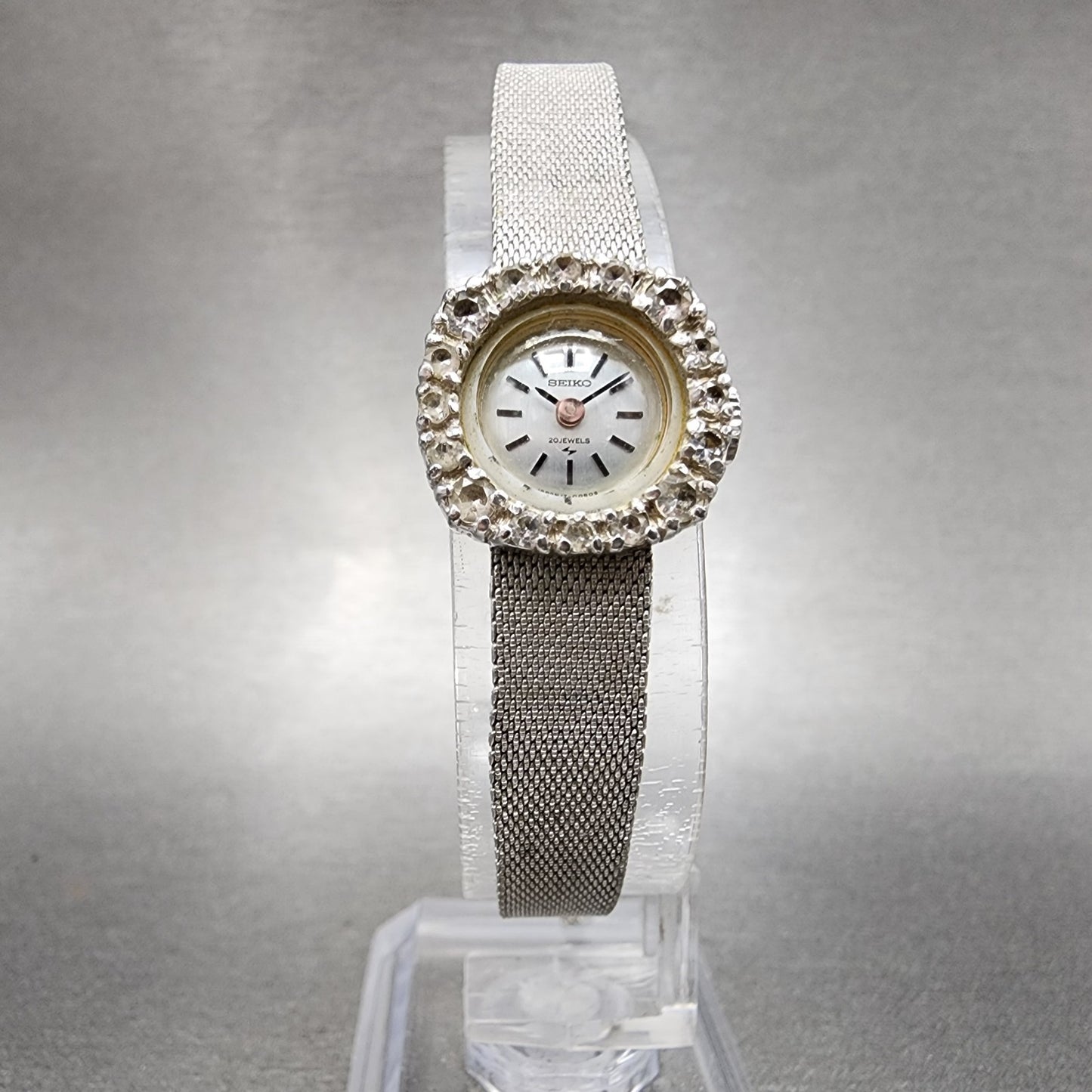 Seiko Watch Women 17mm Silver Dial White Gold Plated Gem Bezel Manual Wind5