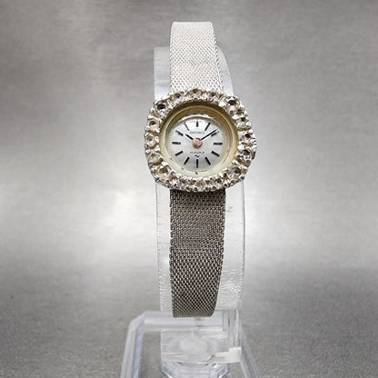 Seiko Watch Women 17mm Silver Dial White Gold Plated Gem Bezel Manual Wind5