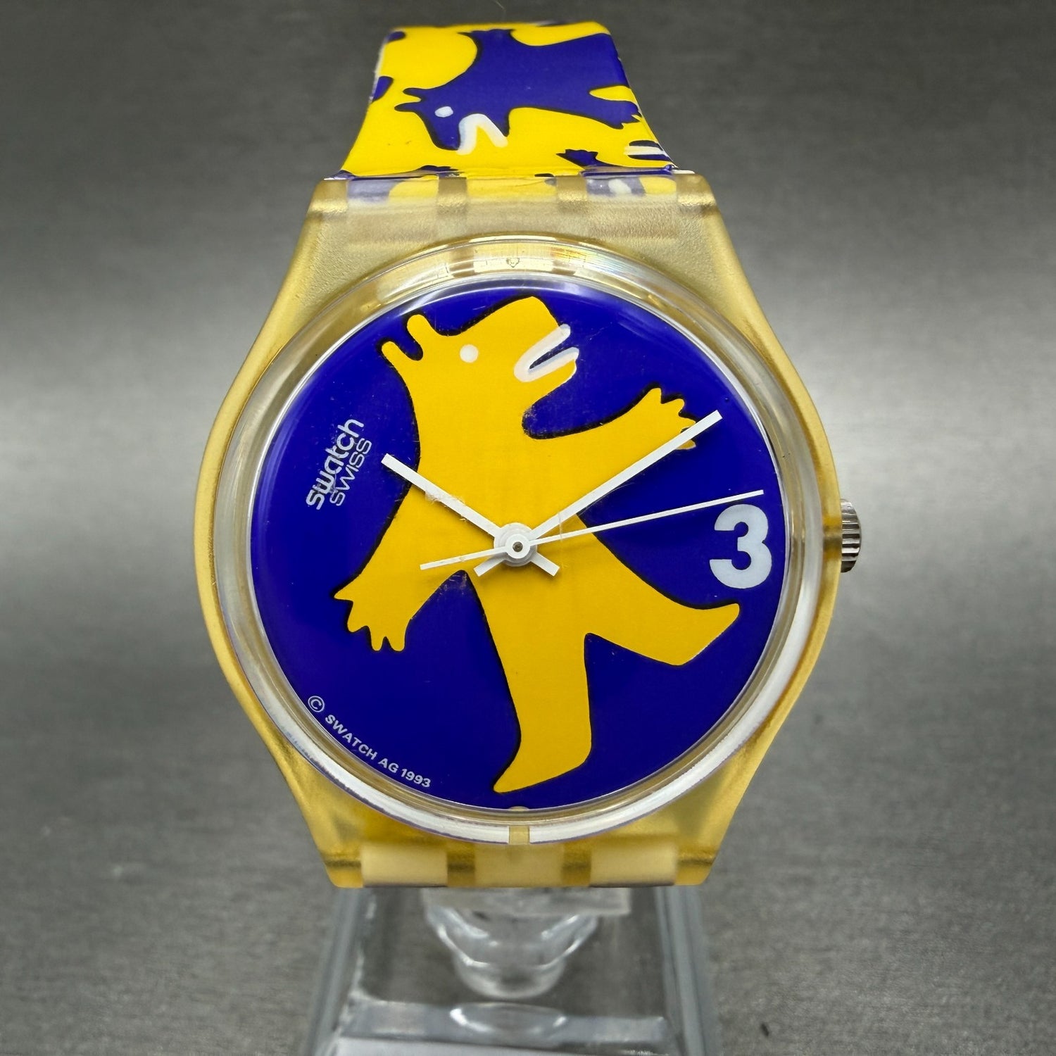 Swatch Gent Bestione Watch Unisex 34mm Blue Dial Yellow Tone Round GJ112 NewBatt0