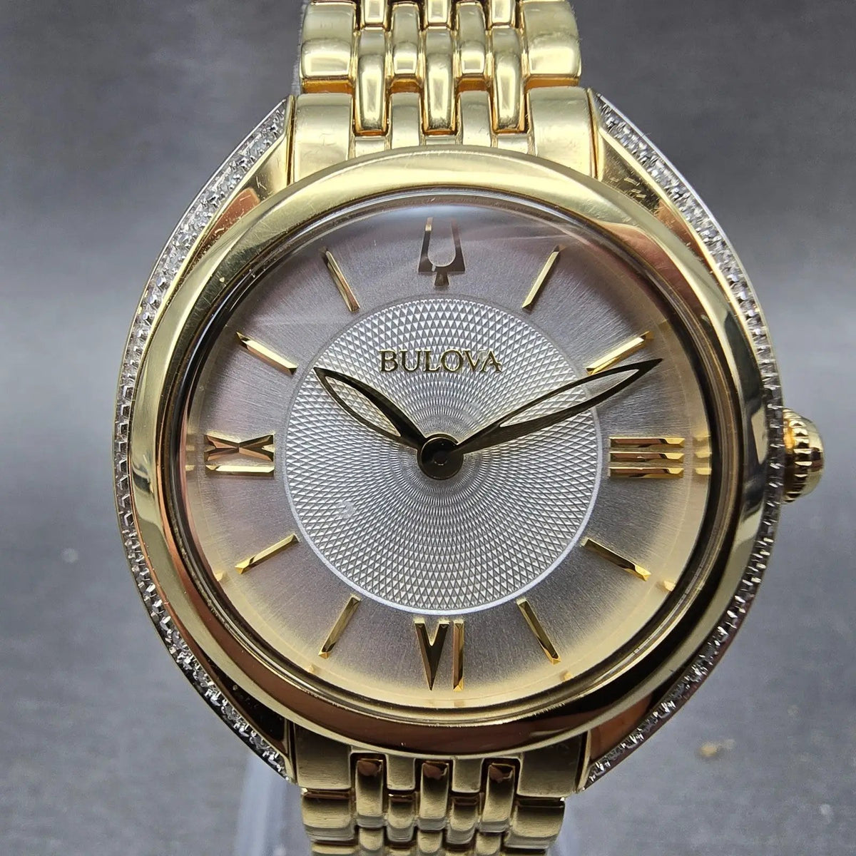 Bulova Watch Women 30mm White Dial Gold Tone Round 98R298 Crystal Bezel Works1