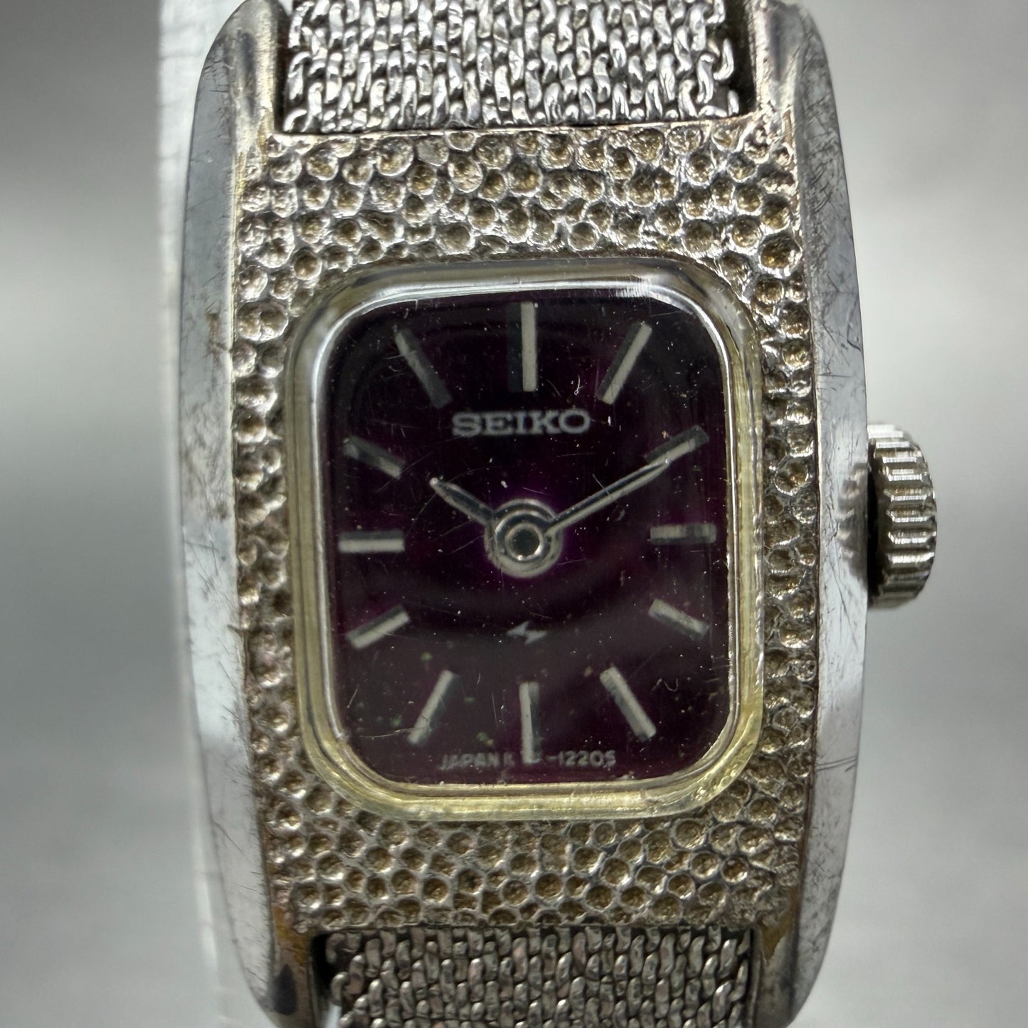 Seiko Tank Watch Women 16mm Purple Dial Silver Tone Manual 11-3409 Runs Vintage1
