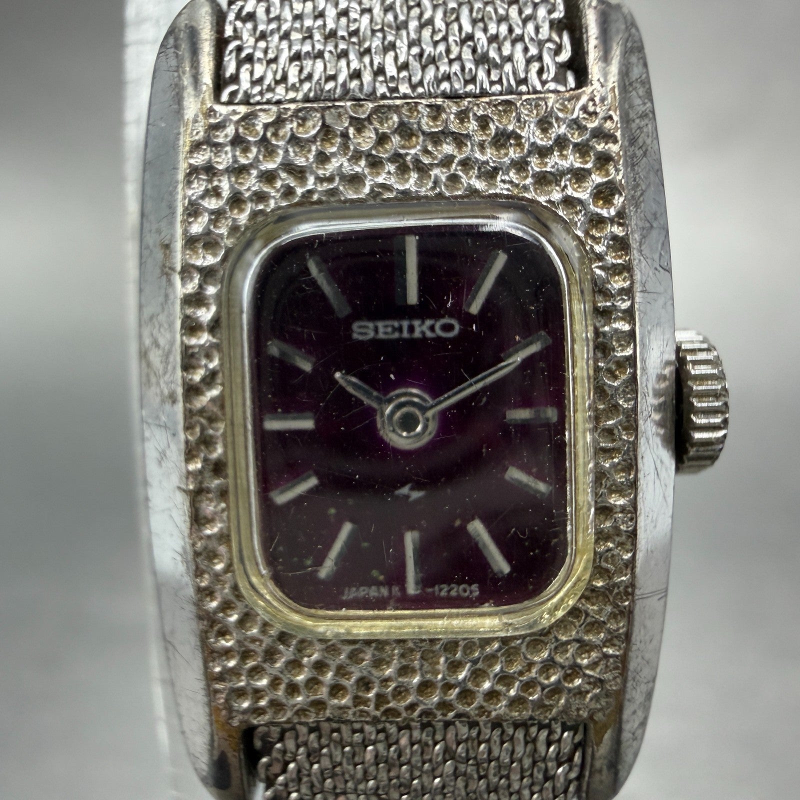 Seiko Tank Watch Women 16mm Purple Dial Silver Tone Manual 11-3409 Runs Vintage1