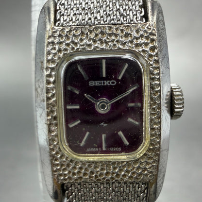 Seiko Tank Watch Women 16mm Purple Dial Silver Tone Manual 11-3409 Runs Vintage1