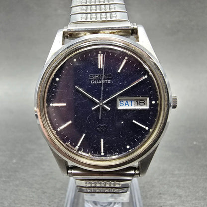 Seiko SQ Watch Men 34mm Blue Dial Silver Tone Daydate Round 8C23A PARTS Vintage0