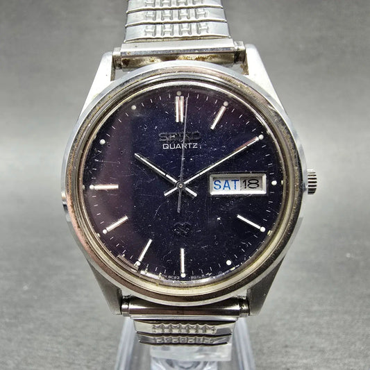 Seiko SQ Watch Men 34mm Blue Dial Silver Tone Daydate Round 8C23A PARTS Vintage0