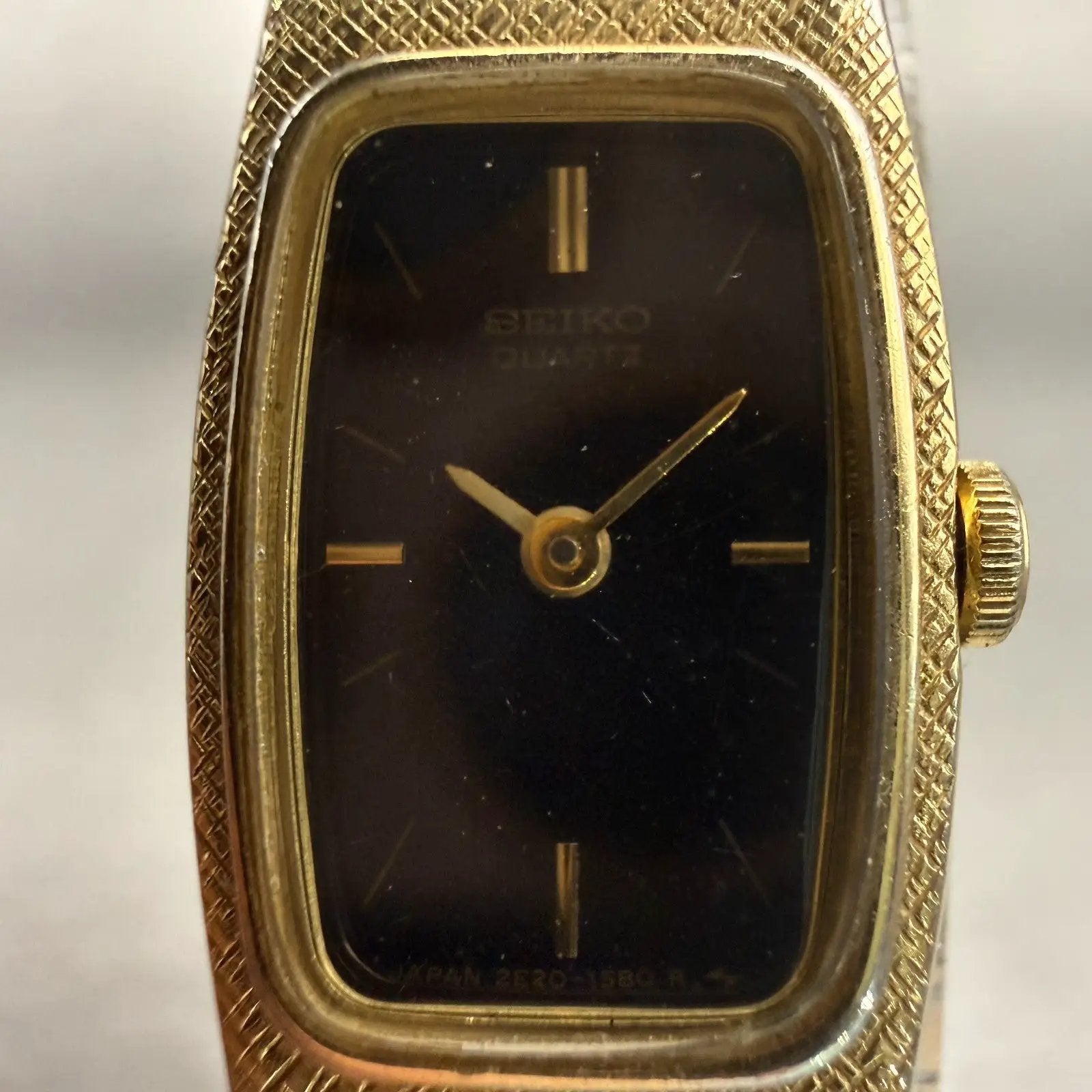 Seiko Watch Women 13mm Black Dial Gold Tone Rectangle 2E20-6139 New Battery VTG1