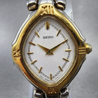 Seiko Watch Women 22mm White Dial Two Tone Oval 1n006e99 New Battery Vintage1