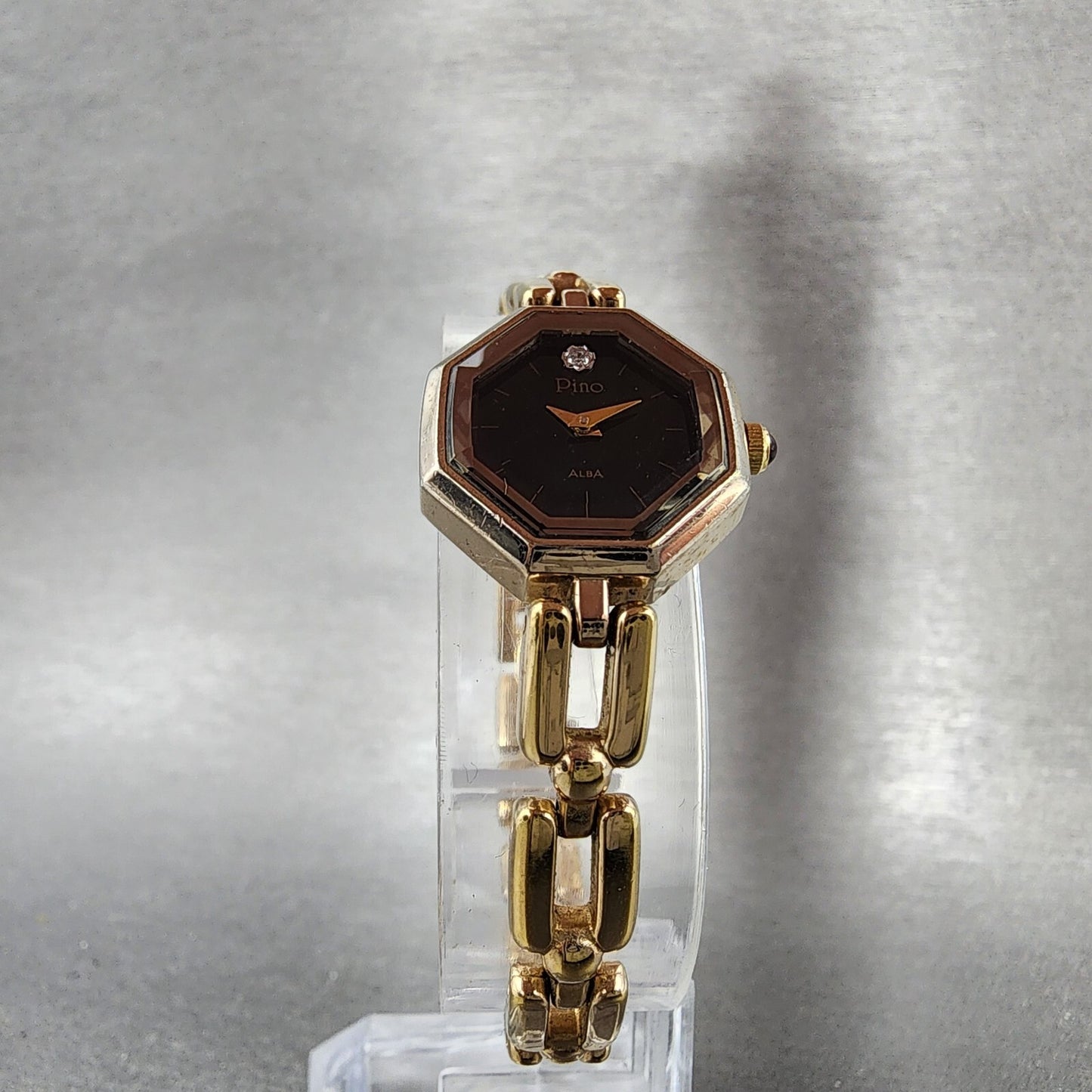 Seiko Alba Pino Watch Women 19mm Black Dial Gold Tone Octagon V4005160 New Batt5