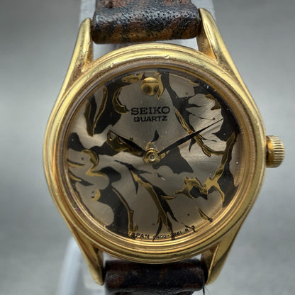 Seiko Watch Women 21mm Champagne Floral Dial Gold Tone Round 4N00-0608 New Batt1