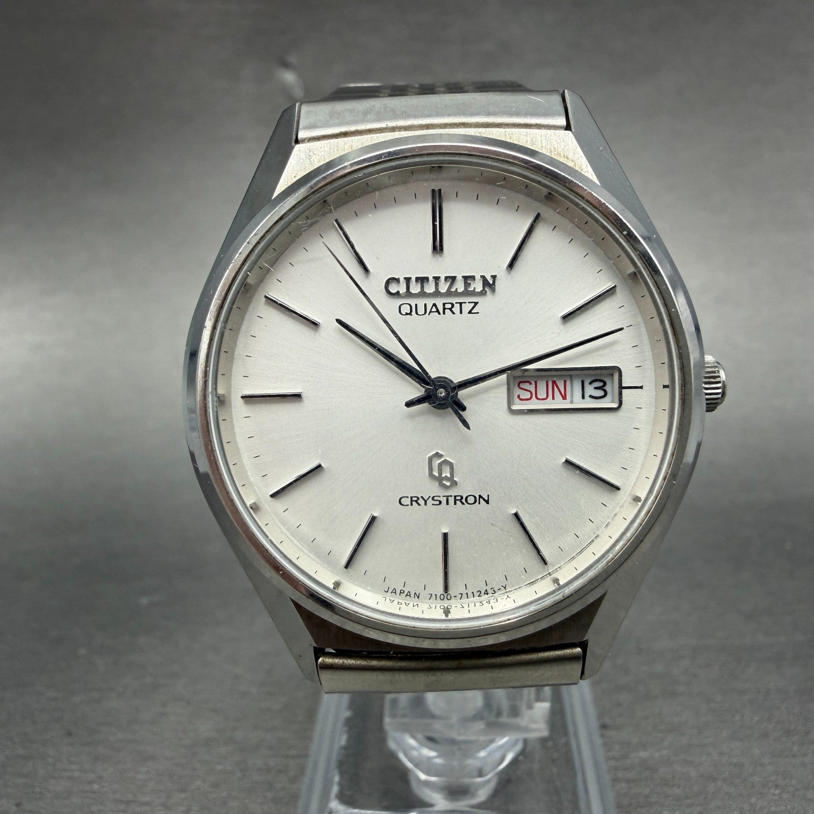 Citizen CQ Crystron Watch Men 35mm Silver Dial Steel Daydate 4-730364 NewBattery0
