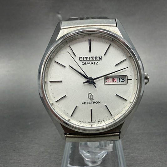 Citizen CQ Crystron Watch Men 35mm Silver Dial Steel Daydate 4-730364 NewBattery0