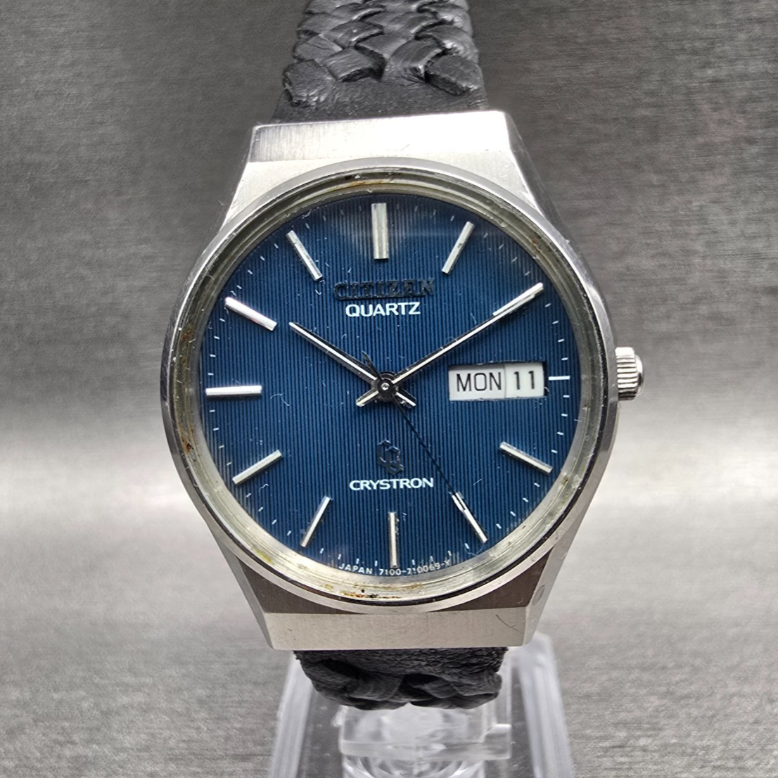 Citizen Crystron Watch Men 34mm Blue Dial Silver Daydate 4-710029K New Batt JP0