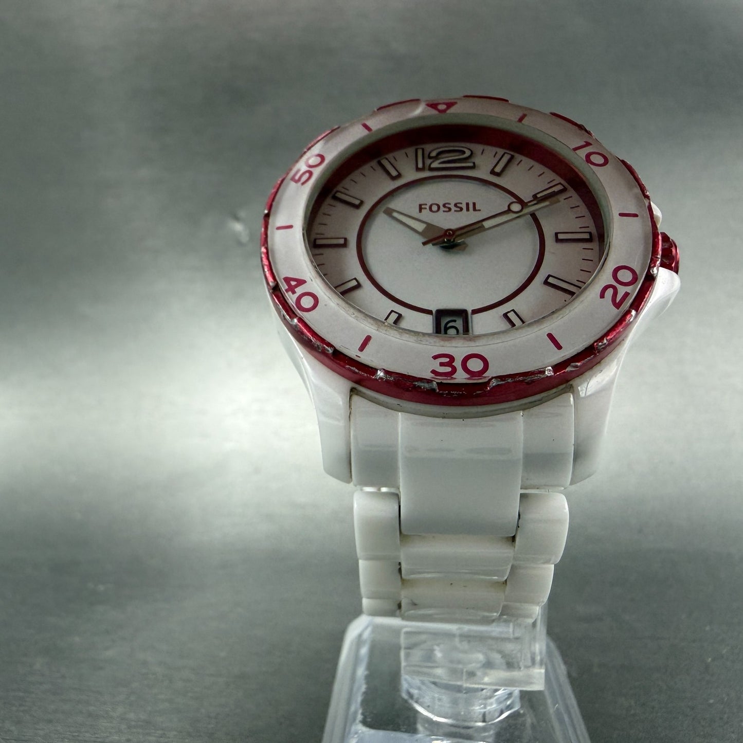 Fossil Watch Women 39mm White Dial White Ceramic Date Round CE-1051 New Battery5