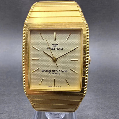 Waltham Tank Watch Men 27mm Gold Dial Gold Tone Rectangle New Battery VVTG0