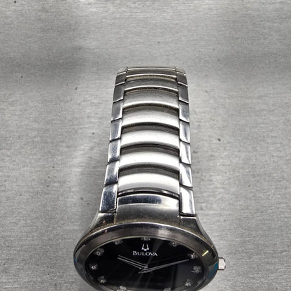 Bulova Watch Men 36mm Black Dial Silver Tone Gemmed Round 96D10 New Battery4