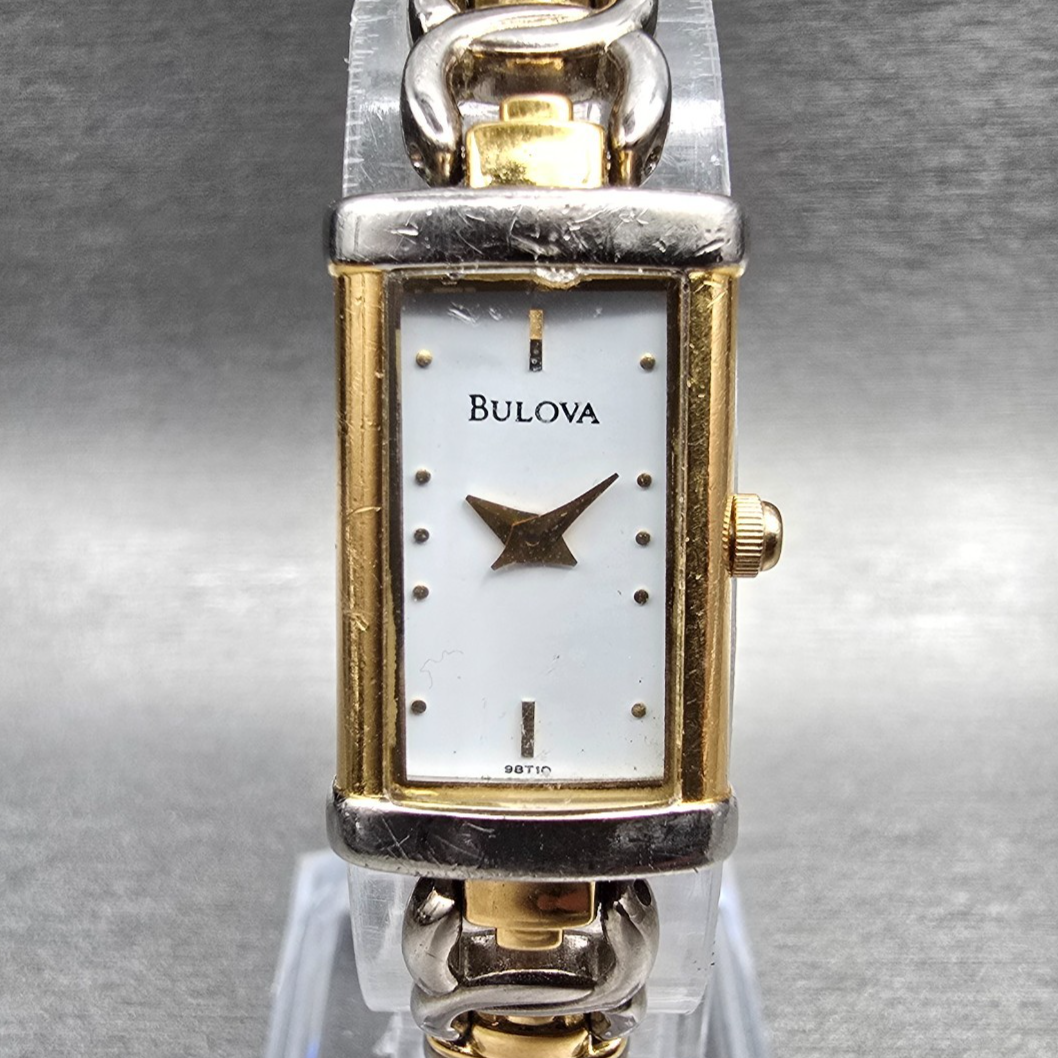 Bulova Watch Women 14mm White Dial Two Tone Rectangle 98T10 New Battery0