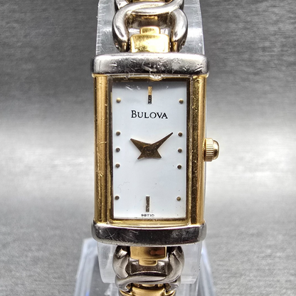 Bulova Watch Women 14mm White Dial Two Tone Rectangle 98T10 New Battery0